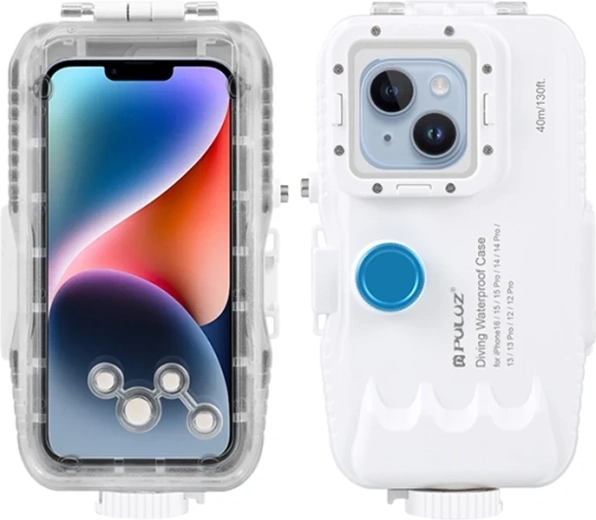 Carcasă de scufundare impermeabilă PULUZ pentru iPhone până la 40 m cu supapă unidirecțională, albă