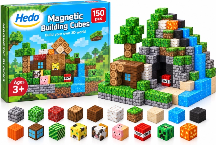 Set de construcție magnetic cu cuburi, 150 de piese
