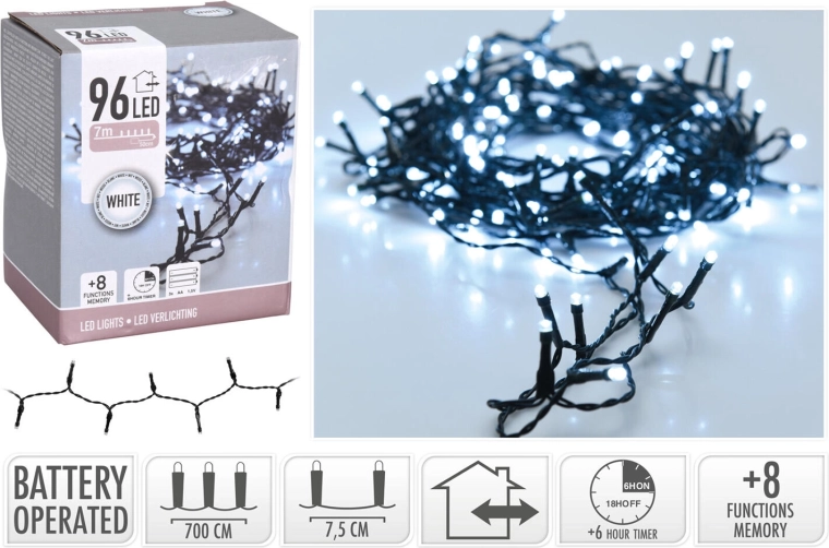Iluminat LED de Crăciun 7 m, 96 LED, alb rece, 8 funcții, cu temporizator