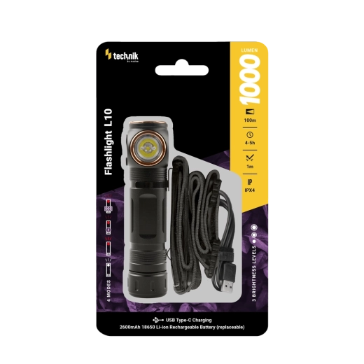 Lanternă Technik L10 cu USB‑C, 1000 lm, magnetică, bandă pentru cap