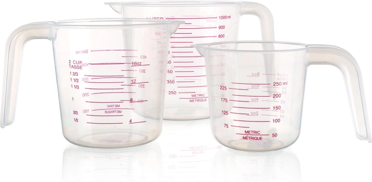Set de căni gradate ACCASA, 3 piese (0,25 l + 0,5 l + 1 l) – plastic transparent cu cioc de turnare