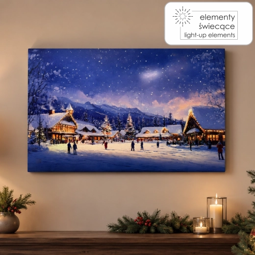 Tablou LED pe pânză – orășel de iarnă 60 × 40 × 3,2 cm