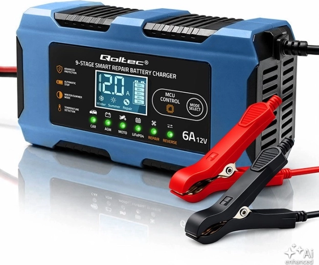 Încărcător inteligent pentru baterii auto Qoltec 12 V 6 A cu funcție de reparare pentru AGM, GEL și LiFePO4 - 1 bucată