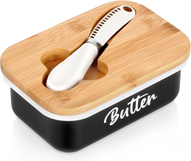 Untieră neagră cu capac din bambus și cuțitaș Vilde