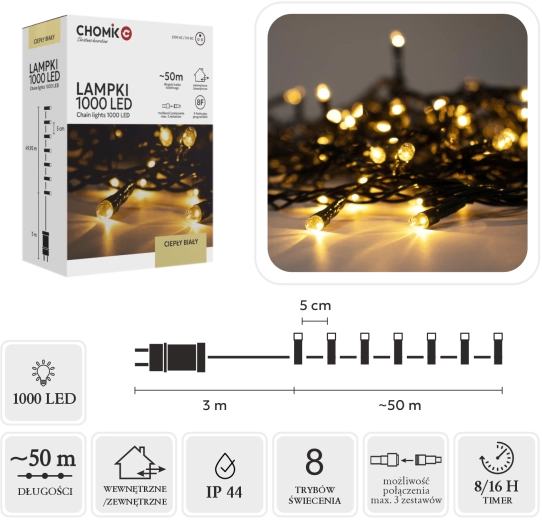 Lanț luminos LED de Crăciun 1000 LED alb cald 53 m (50 m + 3 m) interior/exterior - 1 bucată