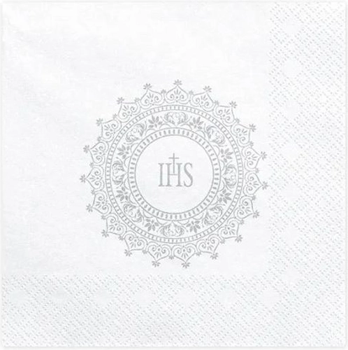 Șervețele pentru Împărtășanie IHS alb-argintii 33 × 33 cm, 20 buc.