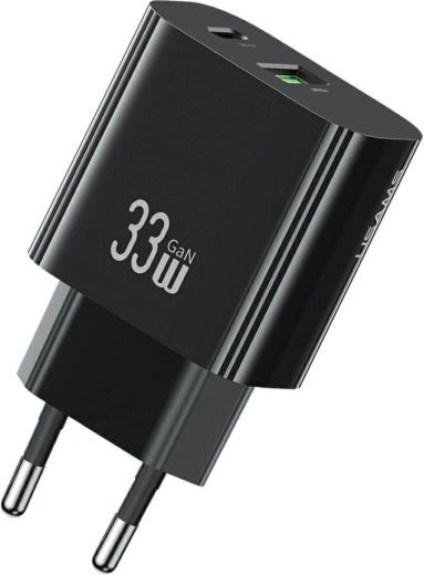 Încărcător rapid de priză USAMS T65 33W GaN cu USB-C și USB-A (negru)