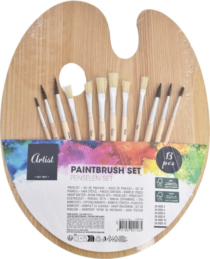 Paletă de pictură din lemn cu set de 12 pensule, 25 × 31 cm