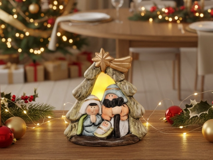 Decorațiune de Crăciun în formă de brad cu iesle și iluminare LED 11,5 cm