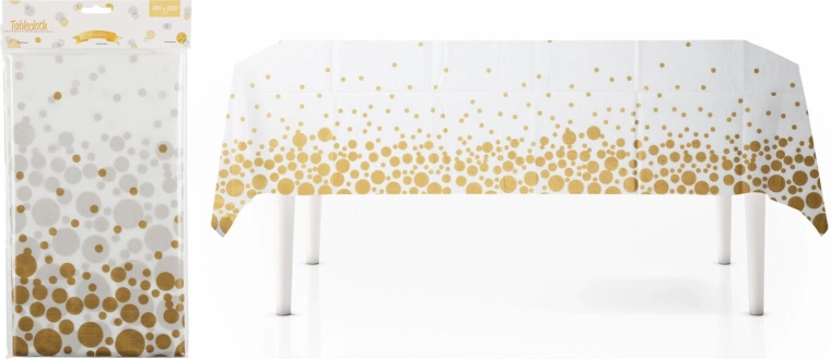 Față de masă din flanel 130 × 220 cm albă cu buline aurii