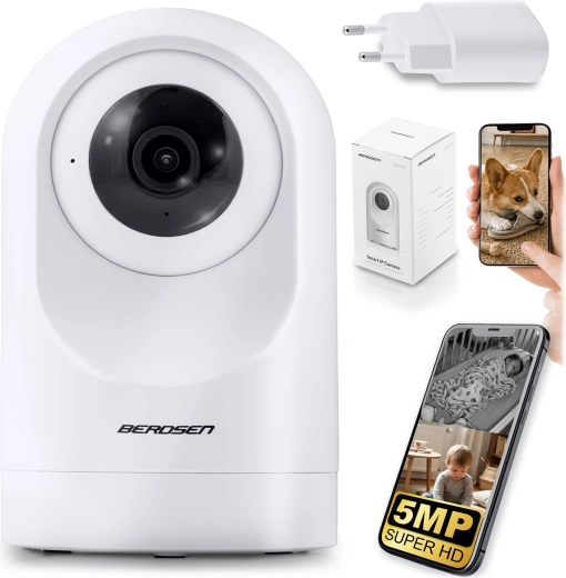 Cameră IP Wi‑Fi rotativă 5 MP Berdsen, albă
