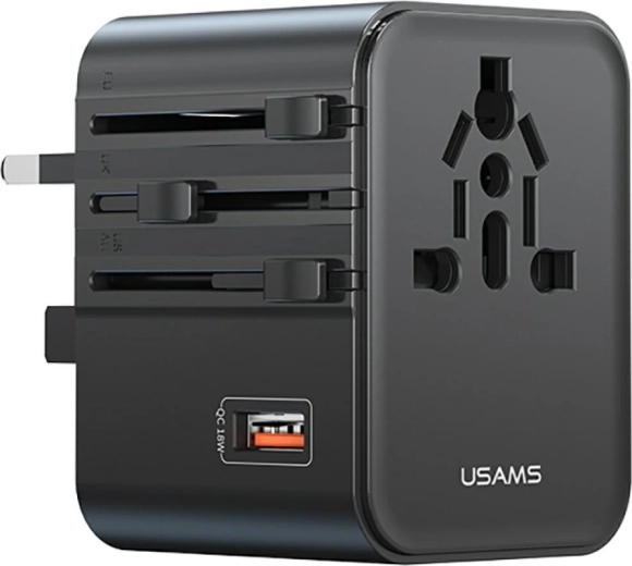 Adaptor și încărcător de călătorie USAMS 25 W 4 în 1 (US/AU/EU/UK) negru
