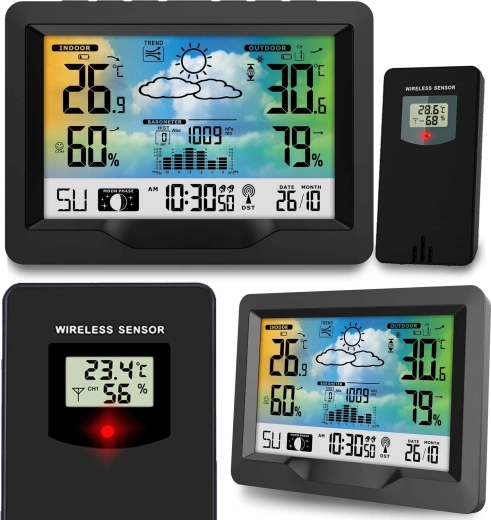 Stație meteo wireless cu ecran color și sincronizare DCF, neagră