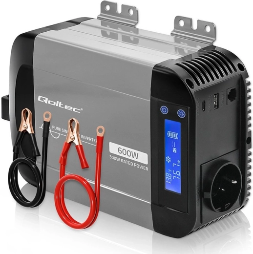Convertor de tensiune Qoltec cu sinusoidă pură 12 V la 230 V 300/600 W
