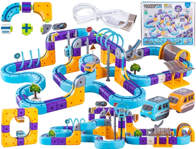 Set de construcție magnetic cu pistă magnetică pentru trenulețe și mașinuțe – 128 de piese