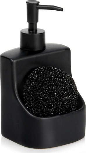 Dozator pentru detergent de vase cu compartiment pentru burete, ceramic, negru, 400 ml