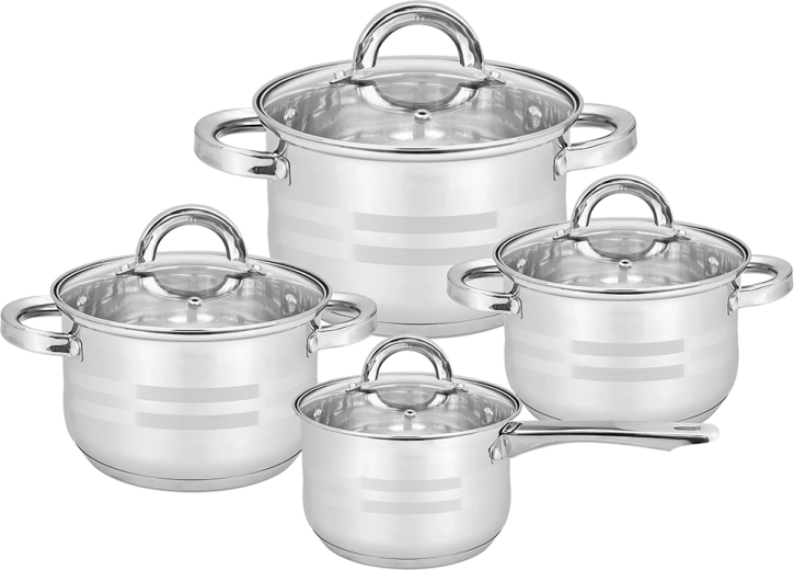 Set de oale din inox Remo 8 piese cu capace din sticlă