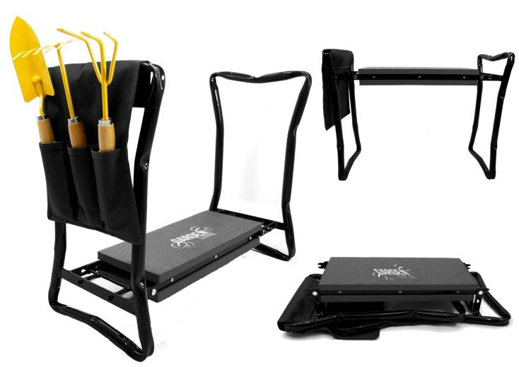 Taburet și genunchieră de grădină GARDENLINE, pliabilă, neagră 59 × 27,5 × 49 cm