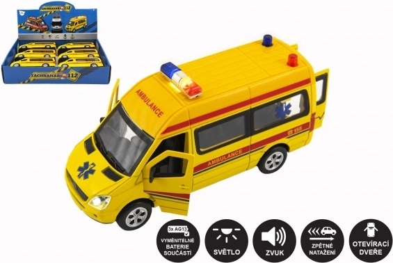 Ambulanță – mașinuță metal-plastic cu lumini și sunete, 15 cm, cu mecanism pull-back