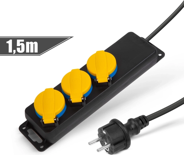 Prelungitor de exterior cu capac, 1,5 m, 3 prize de 230 V, IP44