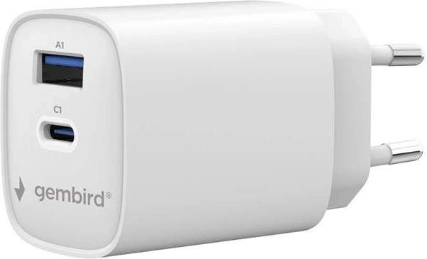 Încărcător de rețea universal Gembird 45 W USB‑C + USB‑A (PD, QC 3.0) alb