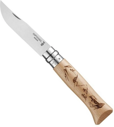 Opinel Nr. 08 cuțit de buzunar cu mâner din fag, motiv alpinism, 8,5 cm