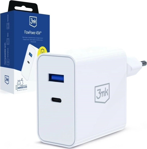 Încărcător de rețea 3MK FlowPower 45 W PD 3.0 QC4+ USB-A/USB-C alb