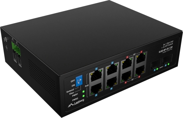 Lanberg ILGE-8P-2S-120 switch industrial PoE++ gigabit pentru șină DIN