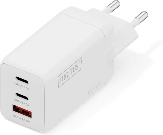 Încărcător de rețea USB GaN 67 W, 2× USB‑C și 1× USB‑A, alb