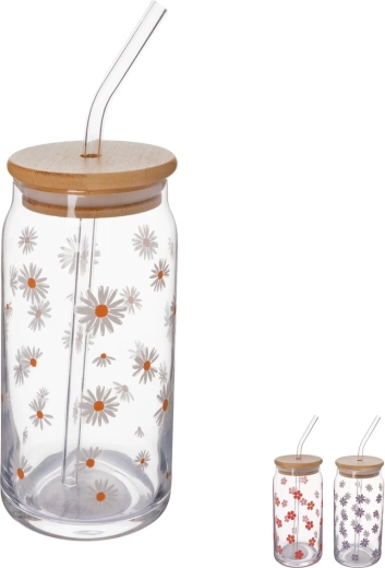 Pahar din sticlă cu capac din bambus și pai din sticlă 0,5 l mix