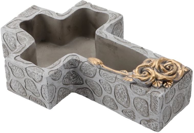 Vas de cimitir din ciment în formă de cruce, gri cu detalii aurii 28 × 18 × 7,5 cm