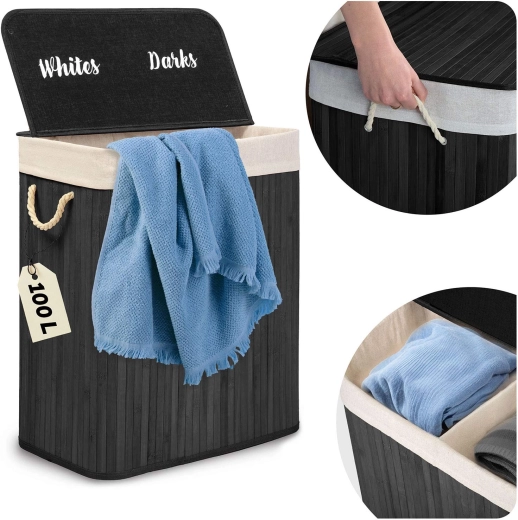 Coș de rufe din bambus cu capac Massido 100 l