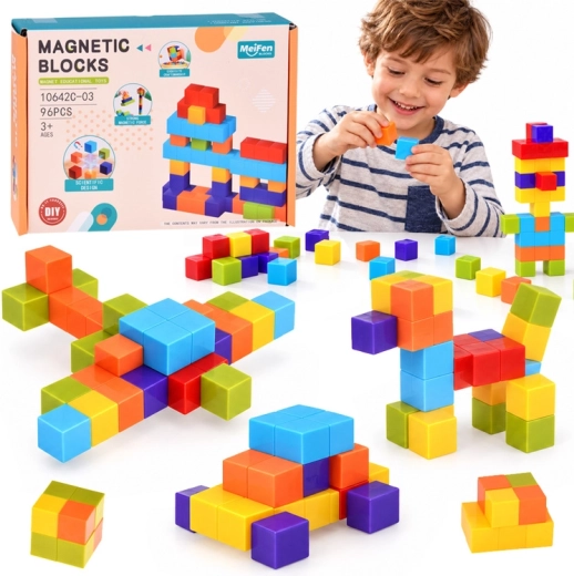 Set de construcție magnetic – cuburi de construcție colorate, 96 de piese