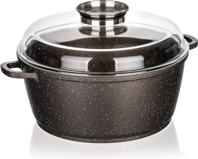 Oală cu suprafață antiaderentă 28 cm Premium Dark Brown cu capac de sticlă și buton de aromă