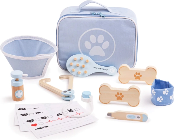 Set veterinar Bigjigs Toys pentru copii – set din lemn pentru animăluțe, 12 piese