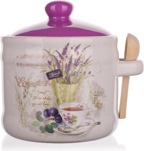 Borcan alimentar din ceramică 400 ml LAVENDER cu linguriță din lemn