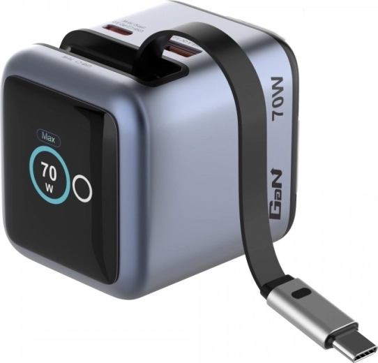 Verbatim mini încărcător GaN 70 W cu cablu USB‑C retractabil și afișaj