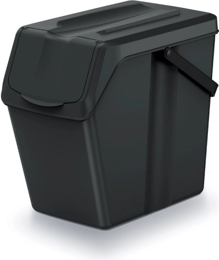 Coș pentru sortarea deșeurilor 25 l, negru reciclat, stivuibil cu capac frontal