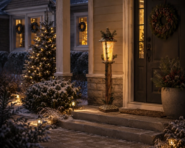 Felinar LED decorativ din lemn pentru Crăciun, 100 cm