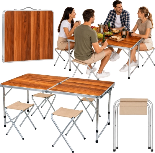 Set de camping pliabil: masă și 4 scaune într-o valiză, decor lemn