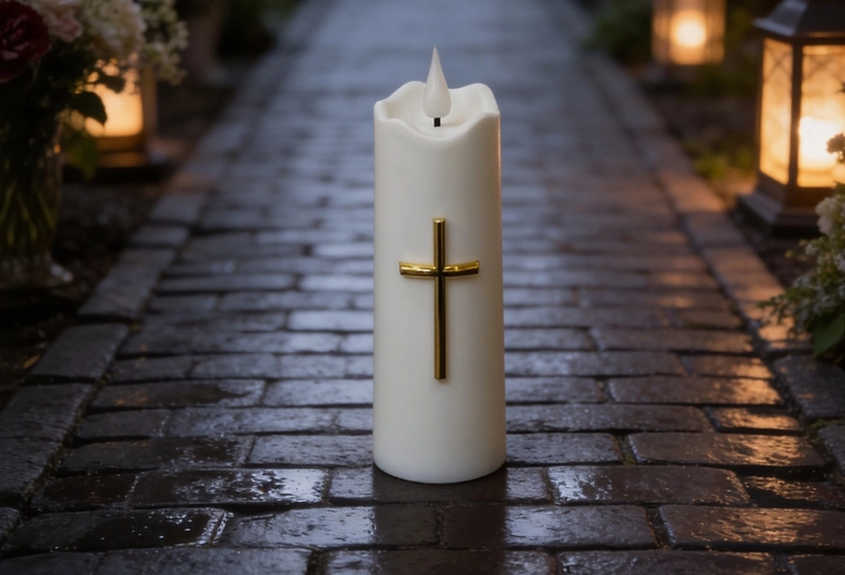 Lumânare LED albă cu cruce aurie 15,5 cm