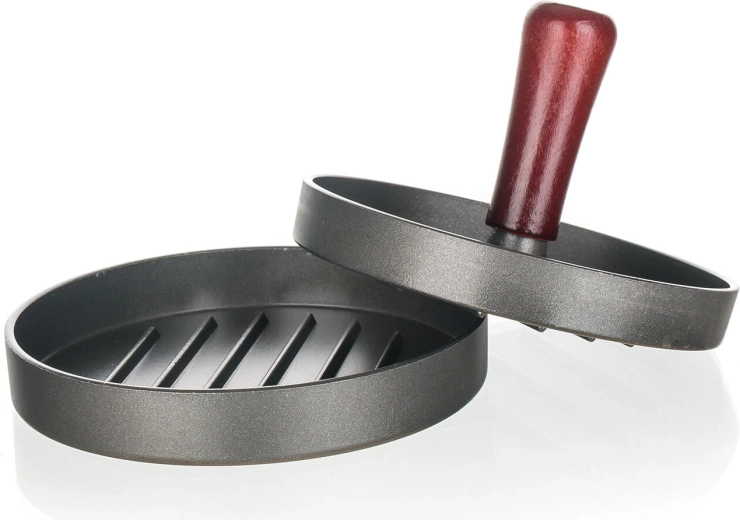Presa pentru hamburgeri 12 cm cu corp din aluminiu și mâner din lemn