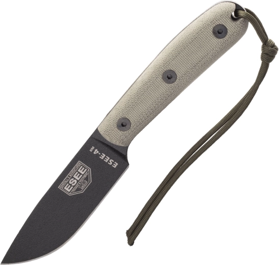 ESEE 4HM cuțit survival cu lamă de 11 cm, acoperire neagră, Micarta verde măsliniu, teacă din piele