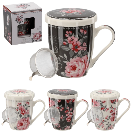 Cană din porțelan cu capac și sită 340 ml – design floral