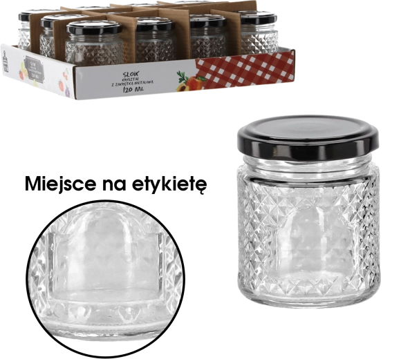 Borcan de sticlă 120 ml din sticlă cristal cu capac metalic negru