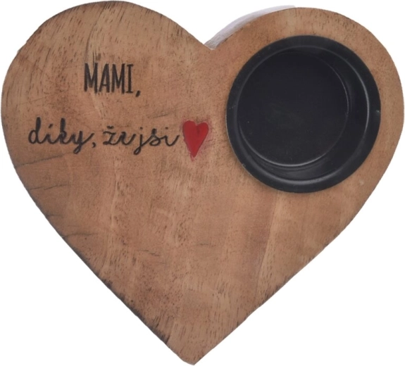 Sfeșnic din lemn de mango în formă de inimă „mami” 13 × 12 × 2,5 cm