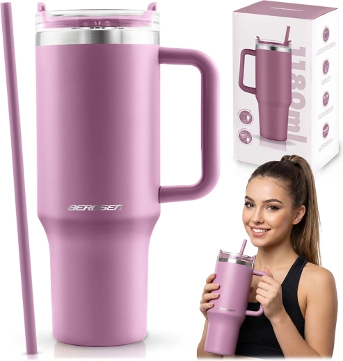 Cană termică vacuum Berdsen roz cu pai, 1180 ml