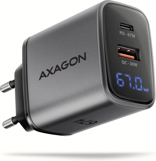 Încărcător de rețea AXAGON GaN 67 W cu USB‑C PD și USB‑A QC, afișaj LED