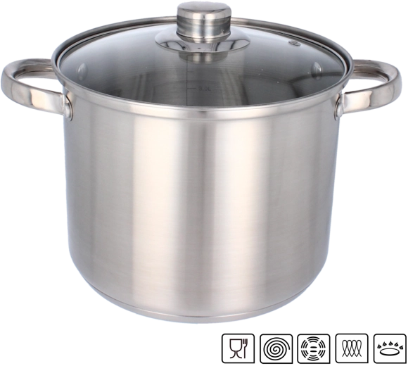 Oală din inox 14 l, diametru 30 cm cu capac de sticlă