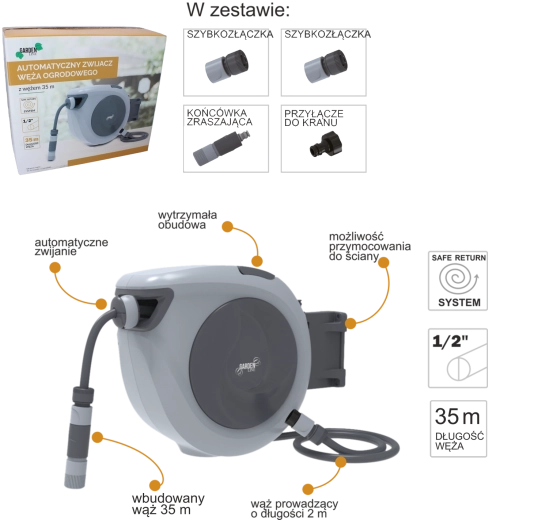 Tambur automat pentru furtun de grădină 35 m cu suport de perete